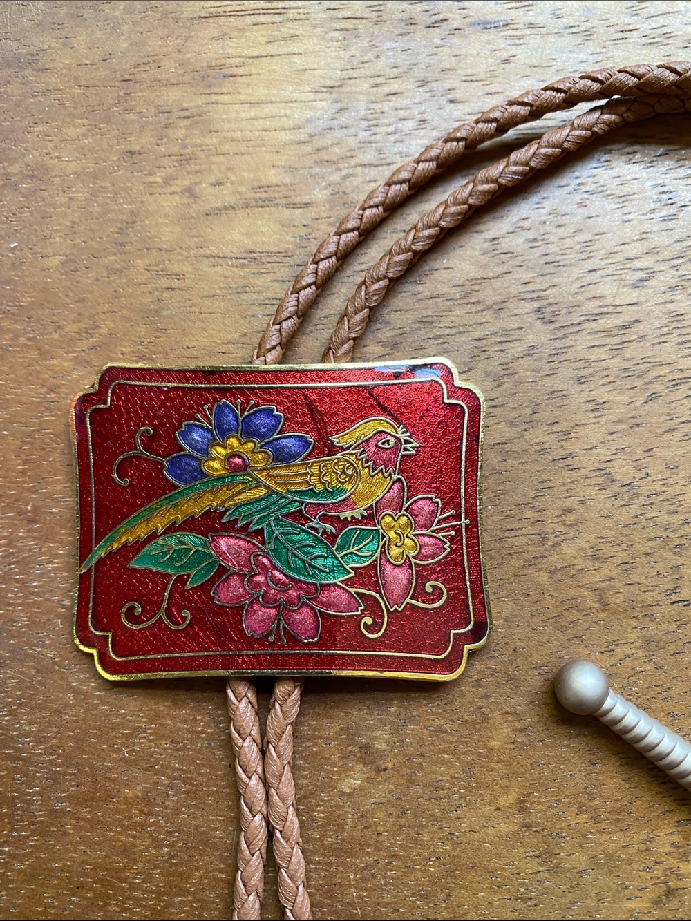 Bolo tie made from vintage cloisonné belt buckle featuring a pheasant. - Picture 2 of 5
